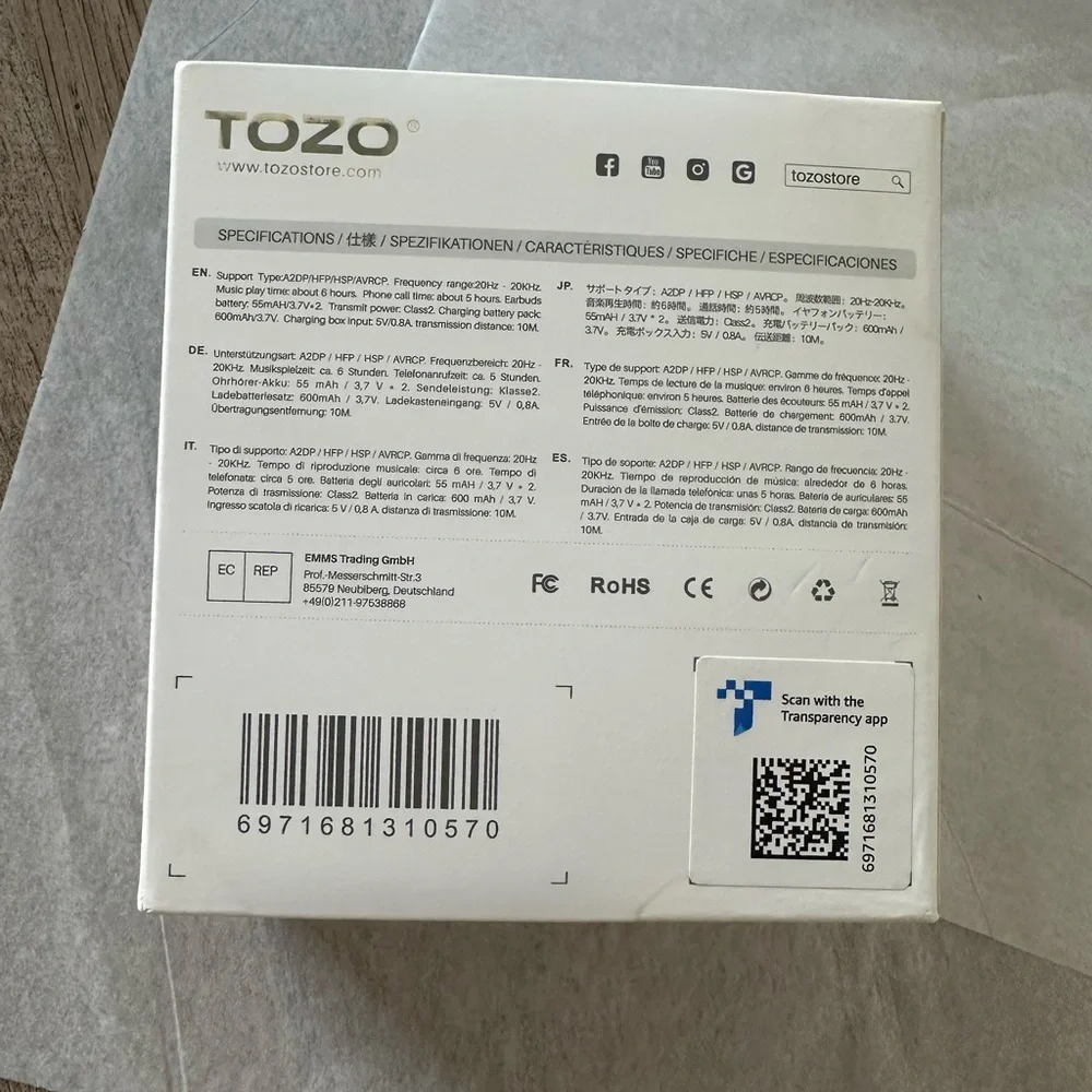 TOZO Wireless Waterproof Bluetooth Earbuds with Charging Case - Black